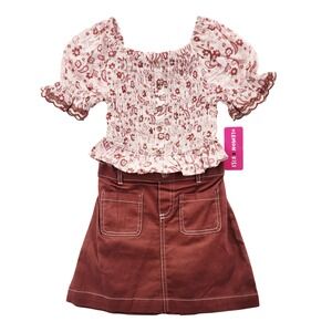 Lemon Kiss Girls 2pc Set Floral Smocked Top and Twill Skirt Rust Pink Size 5